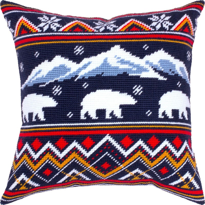 Brvsk Christmas Needlepoint Kit for Adults and Beginners — Winter Bears 16″ × 16″ with Clear, Precise Printed Design on Cotton Canvas; Includes 2 Needles, Yarn, and Easy-Read Chart - Image 1